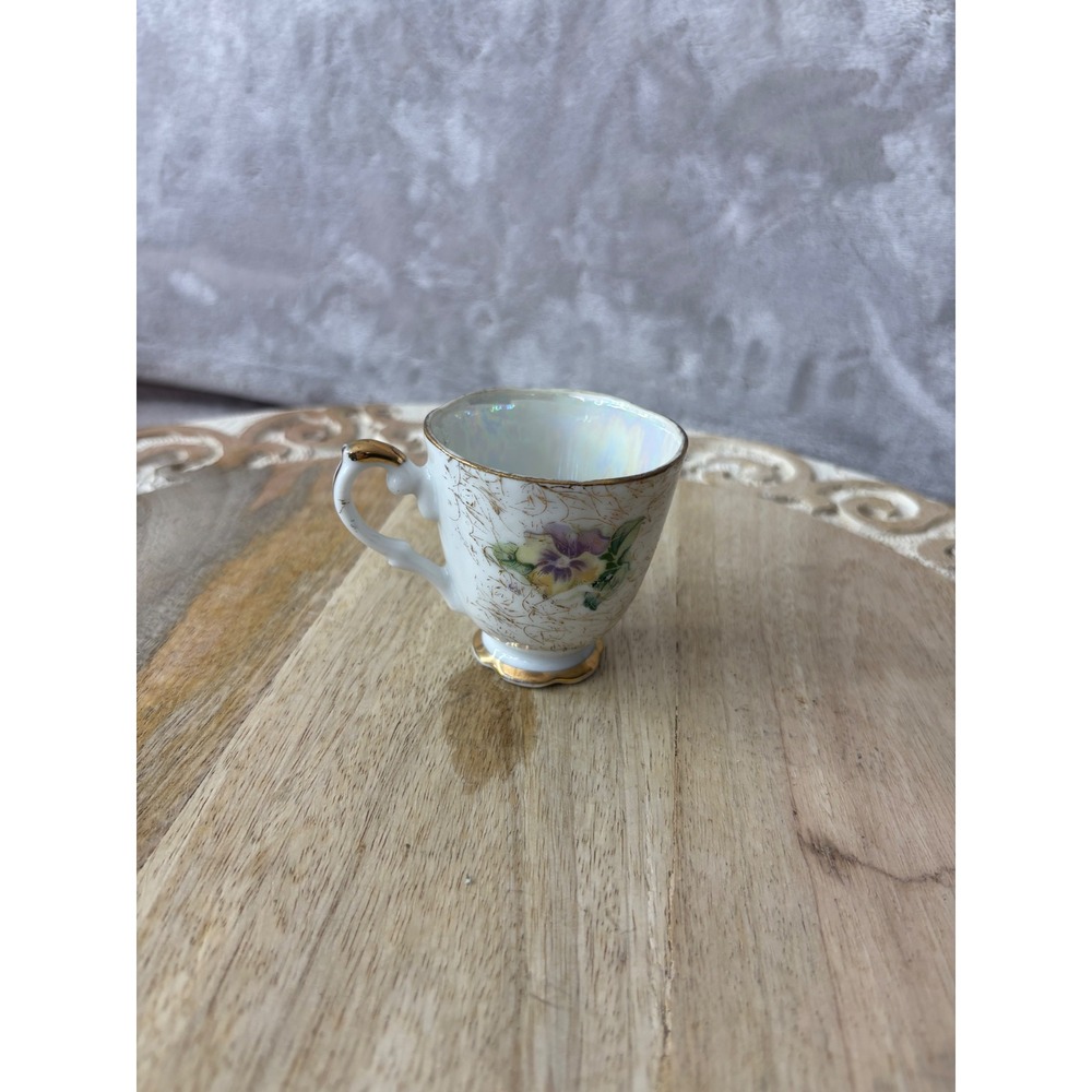 Vintage Lustreware Porcelain Miniature Tea Cup Pansy Floral Gold Trim Iridescent